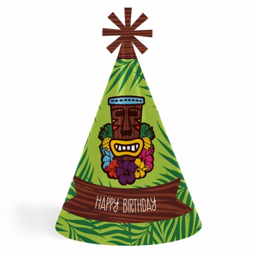 Big Dot of Happiness Tiki Luau - Cone Tropical Hawaiian Summer Happy Birthday Party Hats 8 Ct Perspective: front