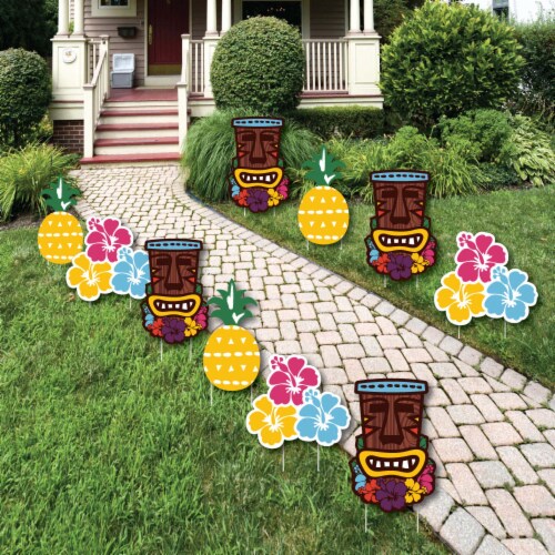Big Dot of Happiness Tiki Luau - Lawn Outdoor Tropical Hawaiian Summer Party Yard Decor 10 Pc Perspective: front