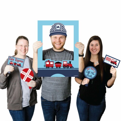 Big Dot of Happiness Railroad Party Crossing - Steam Train Photo Booth Picture Frame & Props Perspective: front
