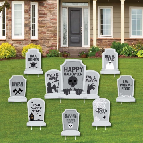 Big Dot of Happiness Graveyard Tombstones - Outdoor Lawn Decor - Halloween Yard Signs 8 Ct Perspective: front