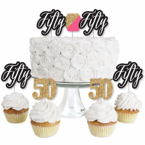 Big Dot of Happiness Chic 50th Birthday - Pink Black & Gold Cupcake Toppers Treat Picks 24 Ct Perspective: front
