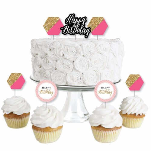 Big Dot of Happiness Chic Happy Birthday - Pink Black Gold Cupcake Toppers Treat Picks 24 Ct Perspective: front