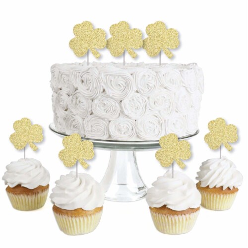 Big Dot of Happiness Gold Glitter Shamrock No-Mess Dessert Cupcake Toppers Treat Picks 24 Ct Perspective: front