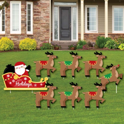 Big Dot of Happiness Santa's Reindeer - Lawn Decor - Santa Claus Christmas Yard Signs 8 Ct Perspective: front