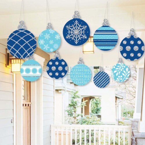 Big Dot of Happiness Hanging Blue & Silver Ornaments Outdoor Christmas Porch Tree Decor 10 Pc Perspective: front