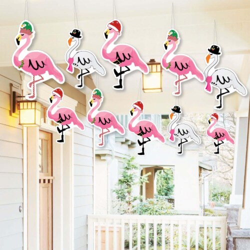 Big Dot of Happiness Hanging Flamingle Bells - Outdoor Christmas Porch Tree Yard Decor 10 Pc Perspective: front