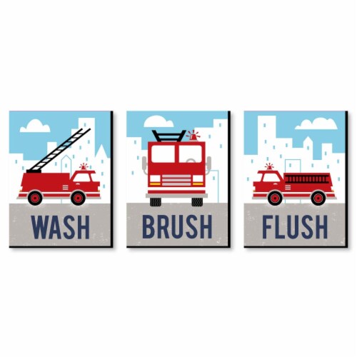 Big Dot of Happiness Fired Up Fire Truck Wall Art 7.5 x 10 in Set of 3 Wash Brush Flush Perspective: front
