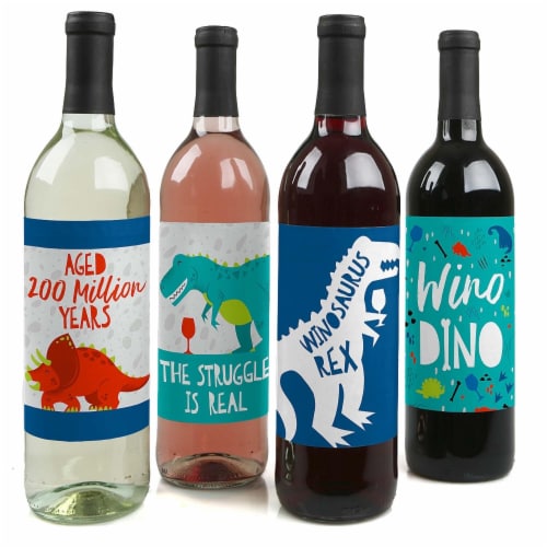 Big Dot of Happiness Roar Dinosaur - Dino Mite T-Rex Party Wine Bottle Label Stickers 4 Ct Perspective: front