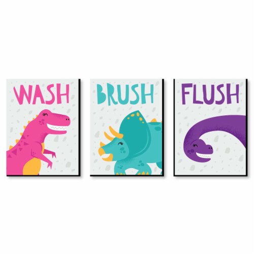 Big Dot of Happiness Roar Dinosaur Girl Wall Art 7.5 x 10 in Set of 3 Wash Brush Flush Perspective: front