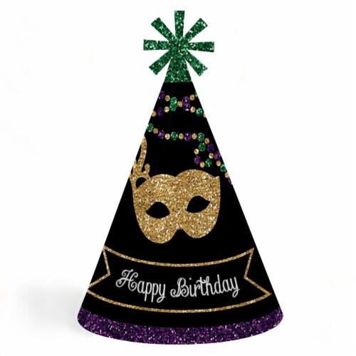 Big Dot of Happiness Mardi Gras - Cone Happy Birthday Party Hats - Set of 8 (Standard Size) Perspective: front