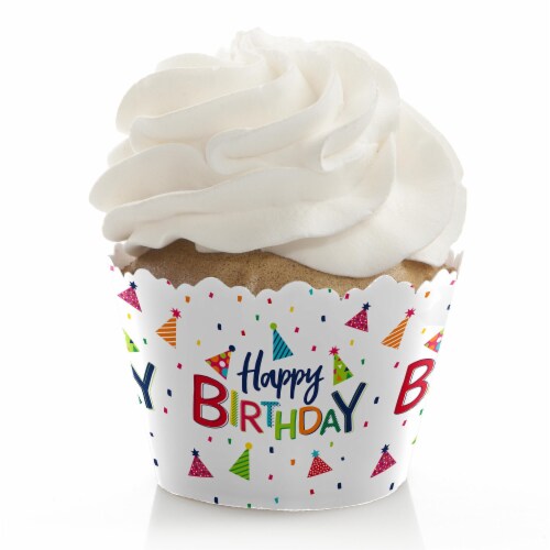 Big Dot of Happiness Cheerful Happy Birthday Colorful Party Decor Cupcake Wrappers 12 Ct Perspective: front