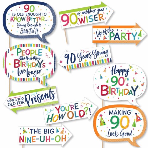 Big Dot of Happiness Funny 90th Birthday - Cheerful Birthday Colorful Photo Booth Props 10 Pc Perspective: front