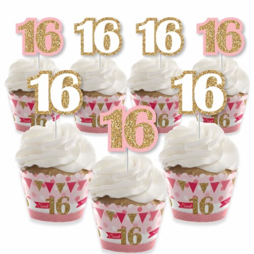 Big Dot of Happiness Sweet 16 Decor 16th Birthday Cupcake Wrappers & Treat Picks Kit 24 Ct Perspective: front
