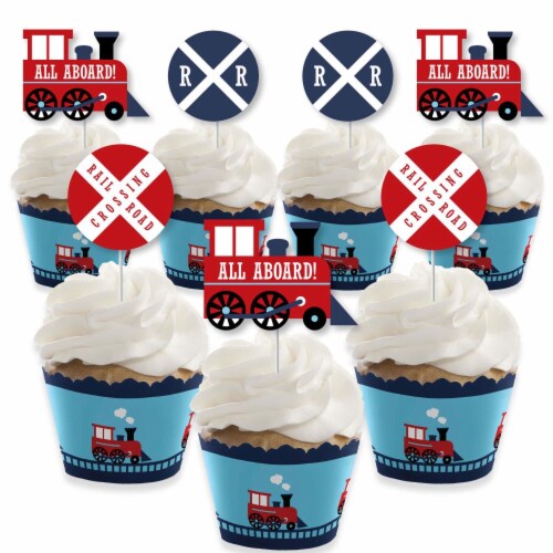 Big Dot of Happiness Railroad Party Crossing Decor Cupcake Wrappers & Treat Picks Kit 24 Ct Perspective: front