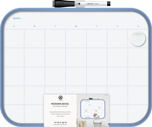 U Brands Modern Bevel Blue Frame Dry Erase Calendar Perspective: front