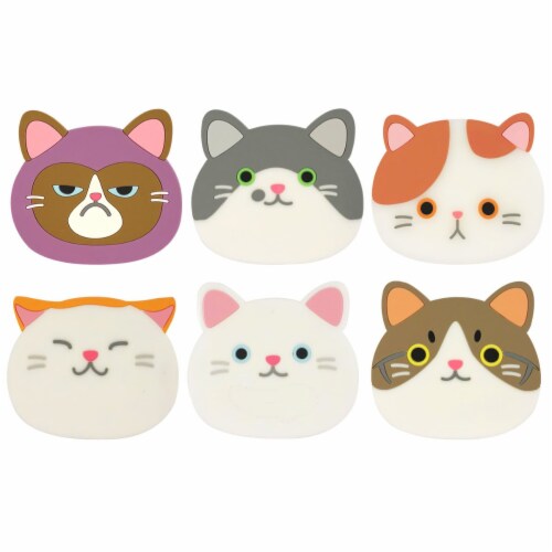 Wrapables Silicone Cute Cat Coasters for Glasses, Cups, and Drinks (Set of 6) Perspective: front