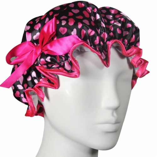 Kella Milla Stylish Satin Shower Cap, Hearts & Pink Bow Perspective: front