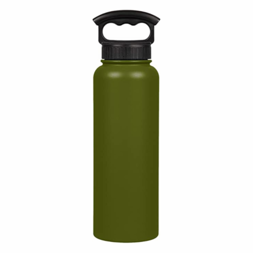 40 OZ DOUBLE WALL VACUUM INSULATED STAINLESS STEEL BOTTLE WITH 3 FINGER GRIP CAP OLIVE GREEN Perspective: front