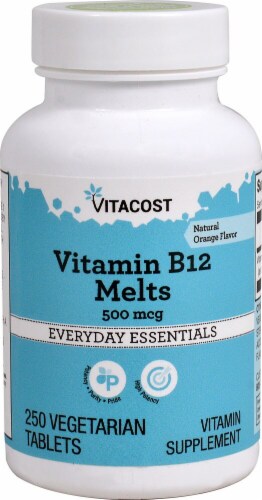 Vitacost Vitamin B-12 Orange Flavored Melts Supplement Vegetarian Tablets 500mcg Perspective: front