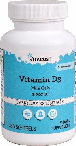 Vitacost Vitamin D3 Supplement Softgels 2000IU Perspective: front