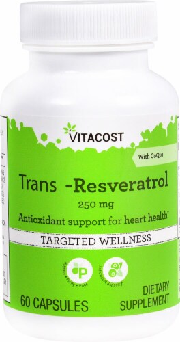 Vitacost Trans-Resveratrol with CoQ10 Targeted Wellness Capsules 250mg Perspective: front