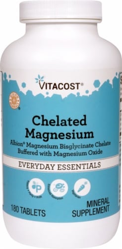 Vitacost Chelated Magnesium Albion Magnesium Bisglycinate Chelate with Magnesium Oxide Tablets Perspective: front