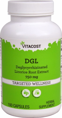 Vitacost DGL Deglycyrrhizinated Licorice Root Extract Dietary Supplement 750mg Perspective: front