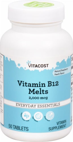 Vitacost Vitamin B12 Raspberry-Peach Melts Everyday Essentials Tablets Perspective: front
