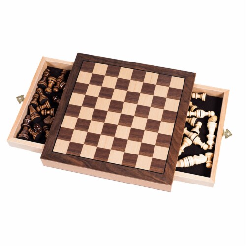 Elegant Inlaid Wood Cabinet with Staunton Wood Chessmen Perspective: front