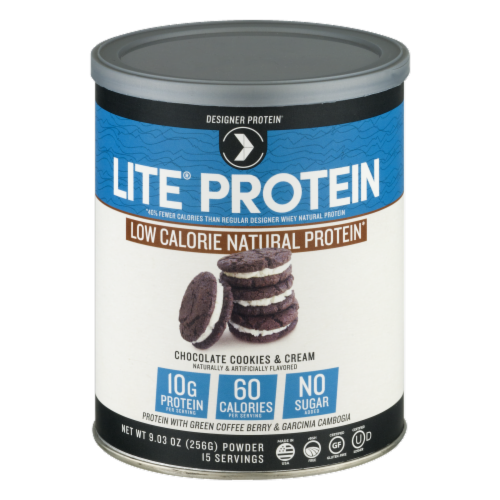Designer Protein Lite Protein Chocolate Cookies & Cream Protein Powder Perspective: front