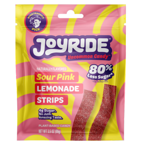 JOYRIDE™ Sour Pink Lemonade Sour Strips Plant-Based Candy Bag Perspective: front