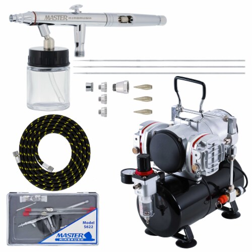 Siphon feed airbrush set with twin cylinder piston airbrush compressor with air tank bundle 