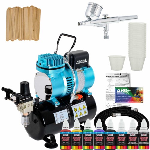 Dual Fan Air Tank Compressor System with Gravity Feed Airbrush, 6 Color Paint Set, Hose Perspective: front