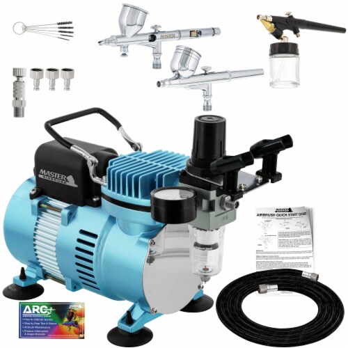 Dual Fan Air Compressor System with 3 Airbrushes, 0.2, 0.3mm Gravity and Siphon Feed Perspective: front