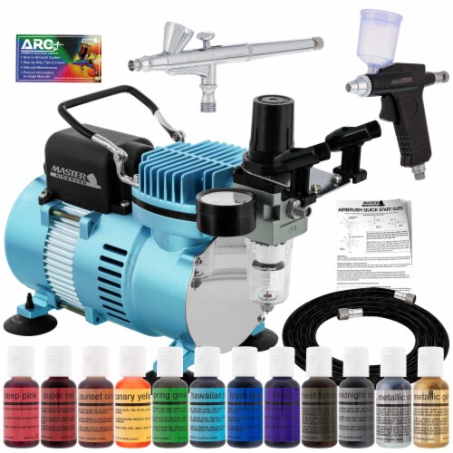 Deluxe Cake Decorating Airbrushing System Kit - 2 Airbrushes, 12 Food Color Set, Compressor Perspective: front