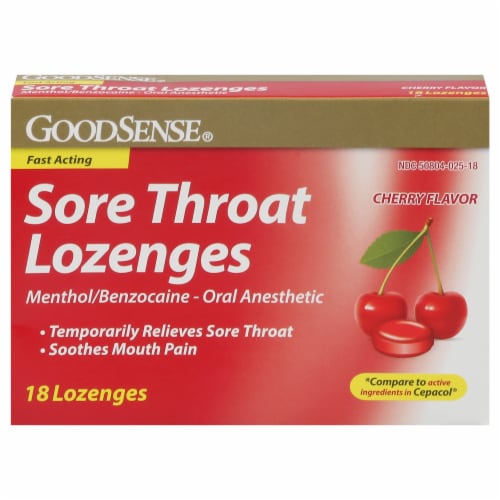 GoodSense® Sore Throat Cherry Oral Anesthestic Lozenges Perspective: front