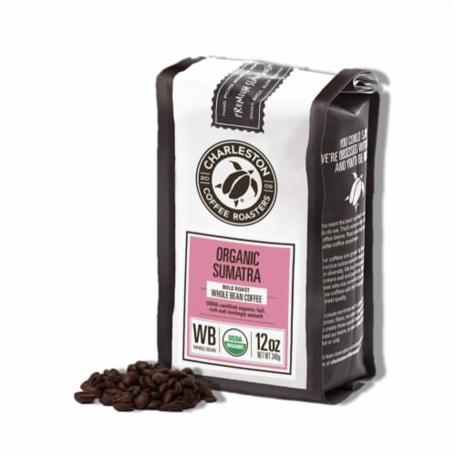 Charleston Coffee Roasters Sumatra Whole Bean Dark Roast Coffee Perspective: front