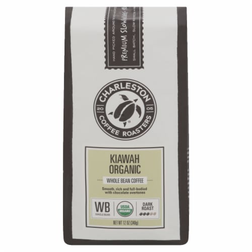 Charleston Coffee Roasters Kiawah Organic Whole Bean Dark Roast Coffee Perspective: front