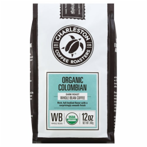 Charleston Coffee Roasters Colombian Dark Roast Organic Whole Bean Coffee Perspective: front