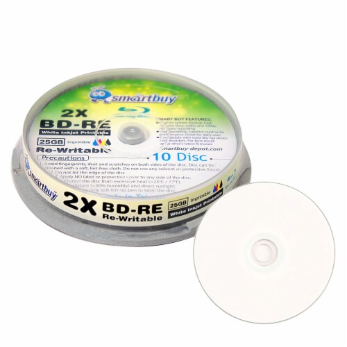 10 Pack Smartbuy 2X 25GB Blue Blu-ray BD-RE Rewritable White Inkjet Hub Printable Blank Disc Perspective: front