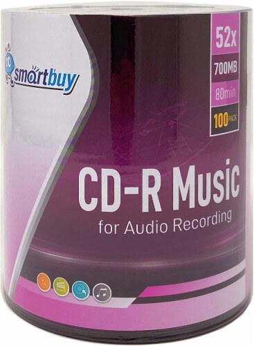 100 Pack Smartbuy Digital Audio CD-R Music 52X 700MB/80Min Branded Logo Blank Recordable Disc Perspective: front