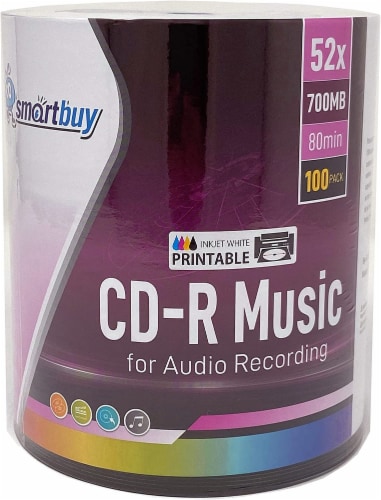 100 Smartbuy Digital Audio CD-R Music 52X 700MB/80Min White Inkjet Hub Printable Blank Disc Perspective: front