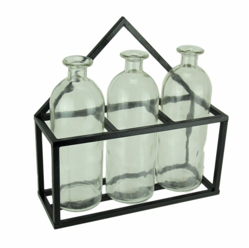 3 Piece Glass Jar Bud Vases in Wall Mounted Metal Tray Perspective: front