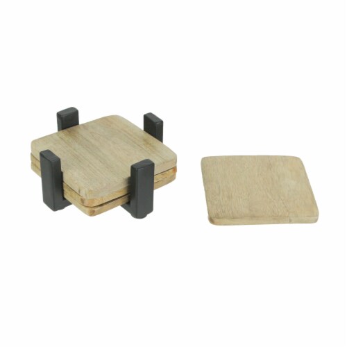 Set of 4 Wood Square Coasters Metal Holder Rustic Home Decor Drink Cup Accessory Perspective: front