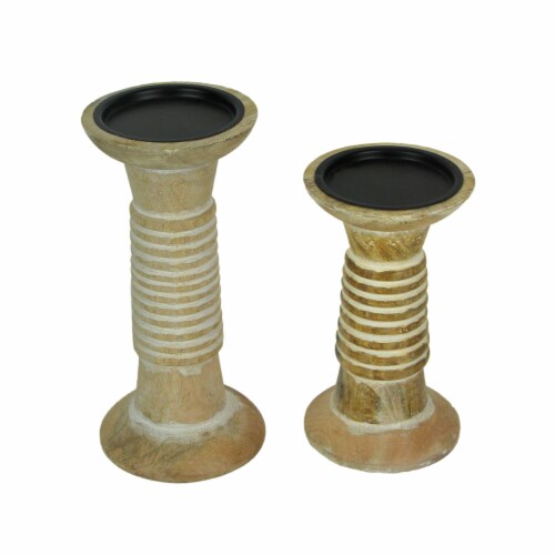 Set of 2 Wood Pedestal Candle Holders Rustic White Washed Pillar ...