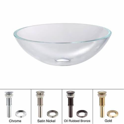 Kraus GV-100-SN Glass Vessel Sink with Pop-Up Drain & Mounting Ring, Crystal Clear - Satin Ni Perspective: front