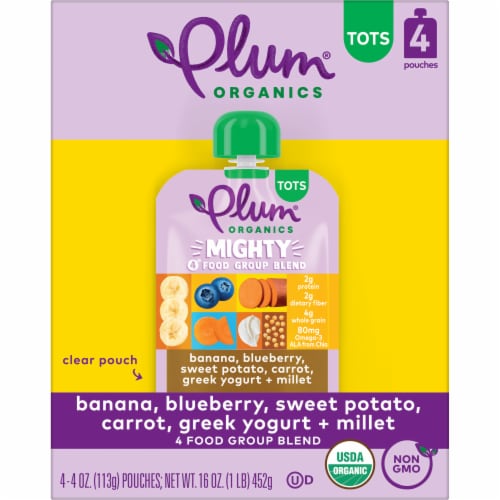 Plum Organics® Mighty 4 Banana Blueberry Sweet Potato Carrot Yogurt Millet Toddler Food Pouches Perspective: front
