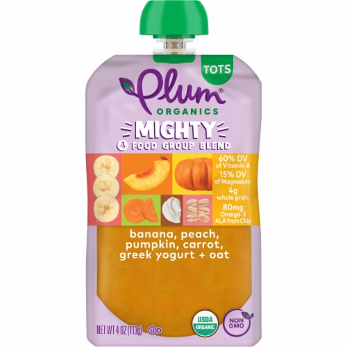 Plum Organics® Mighty 4® Blends Banana Peach Pumpkin Carrot Yogurt Stage 4 Toddler Food Pouch Perspective: front