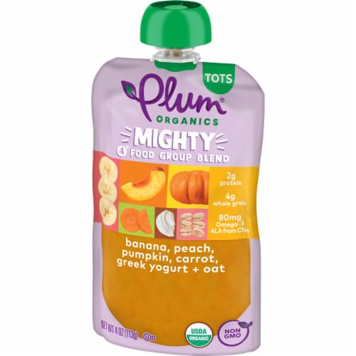 Plum Organics® Mighty 4 Blend Banana Peach Pumpkin Carrot Greek Yogurt Toddler Food Pouch Perspective: front