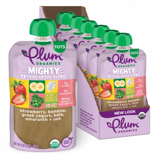 Plum Organics Mighty 4 Strawberry Banana Greek Yogurt Kale Amaranth & Oat Toddler Food Pouches Perspective: front